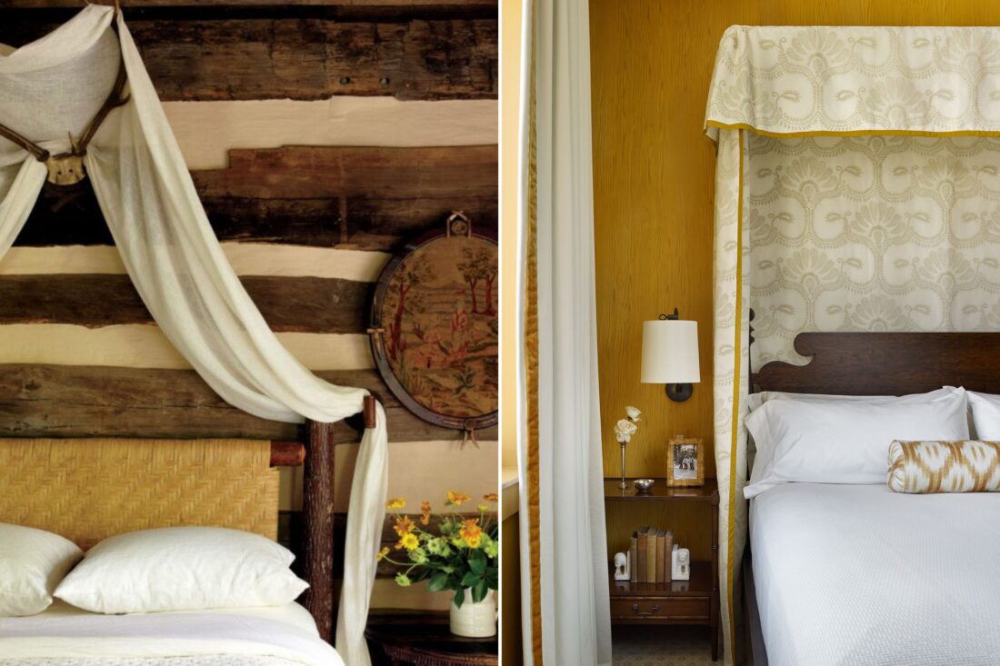 A bed with a wood paneled wall and fabric canopy; a bed with a yellow wall behind it and fabric canopy