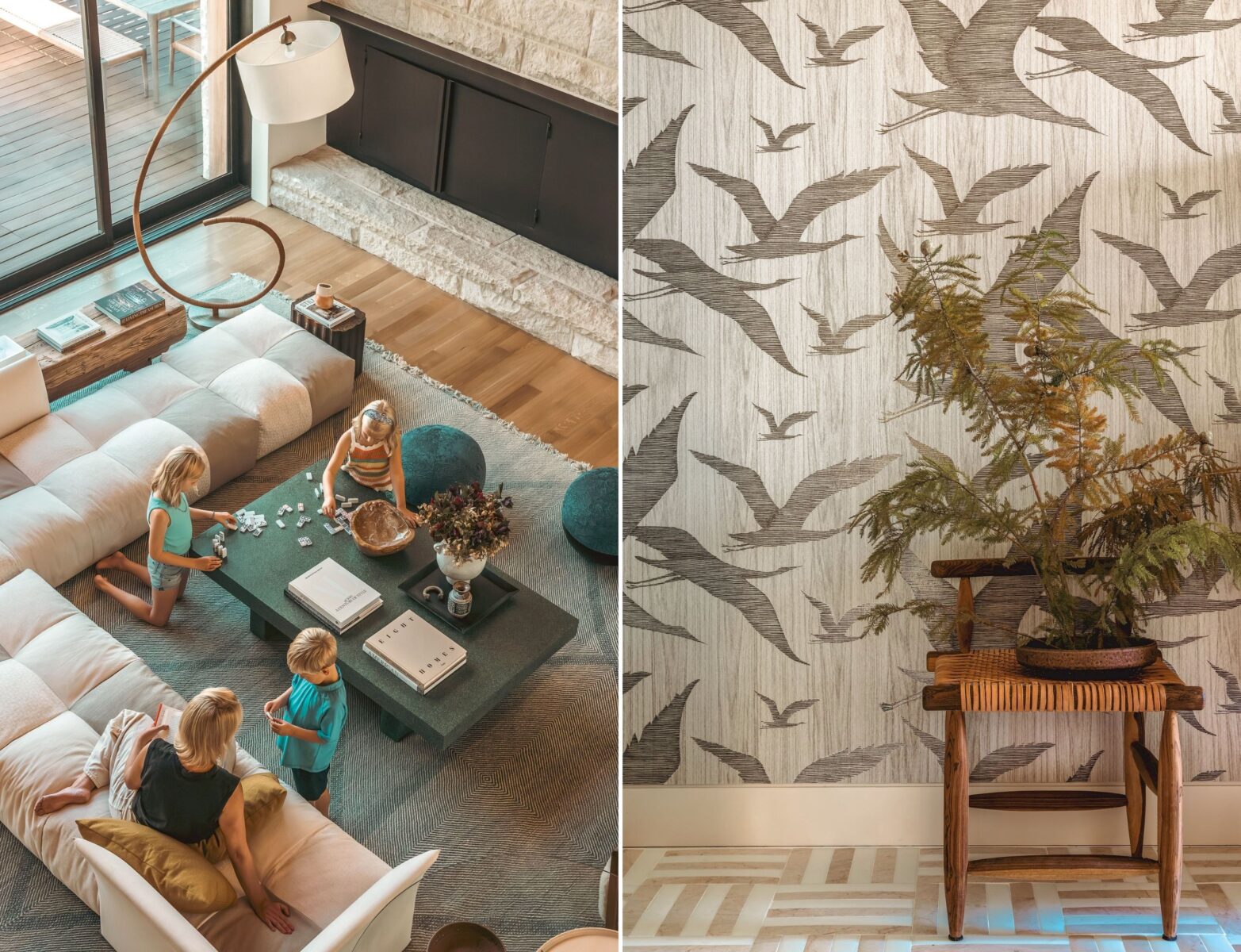 A family plays in a living room; a bird wallpaper in a bathroom