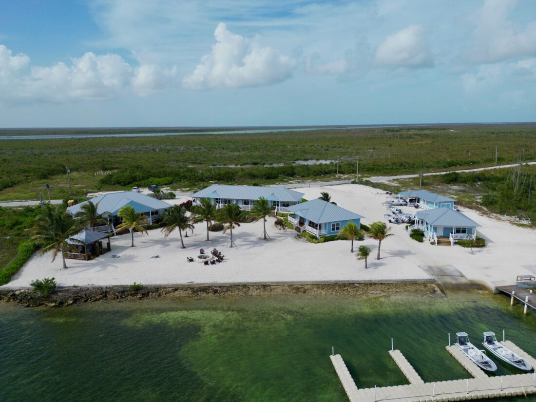 A hotel lodge on the water