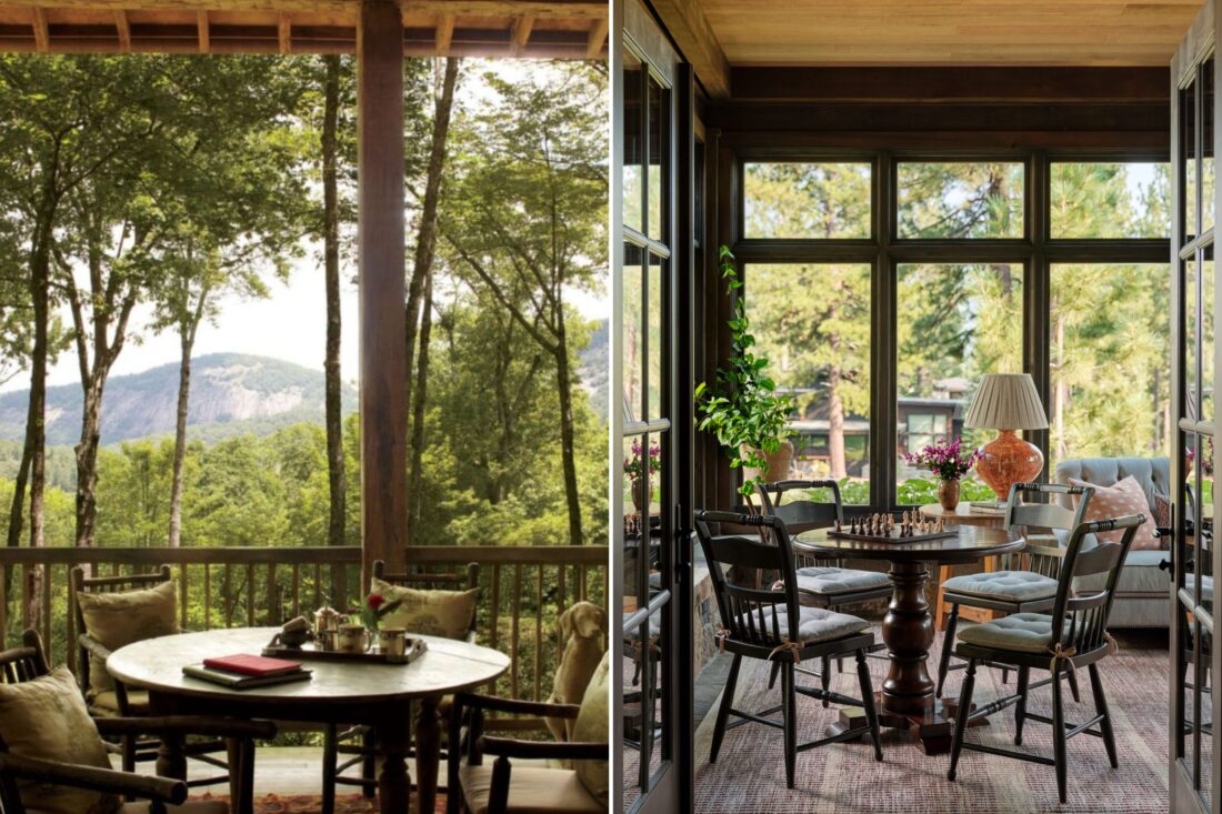 A mountain screened in porch; a sitting room with large windows