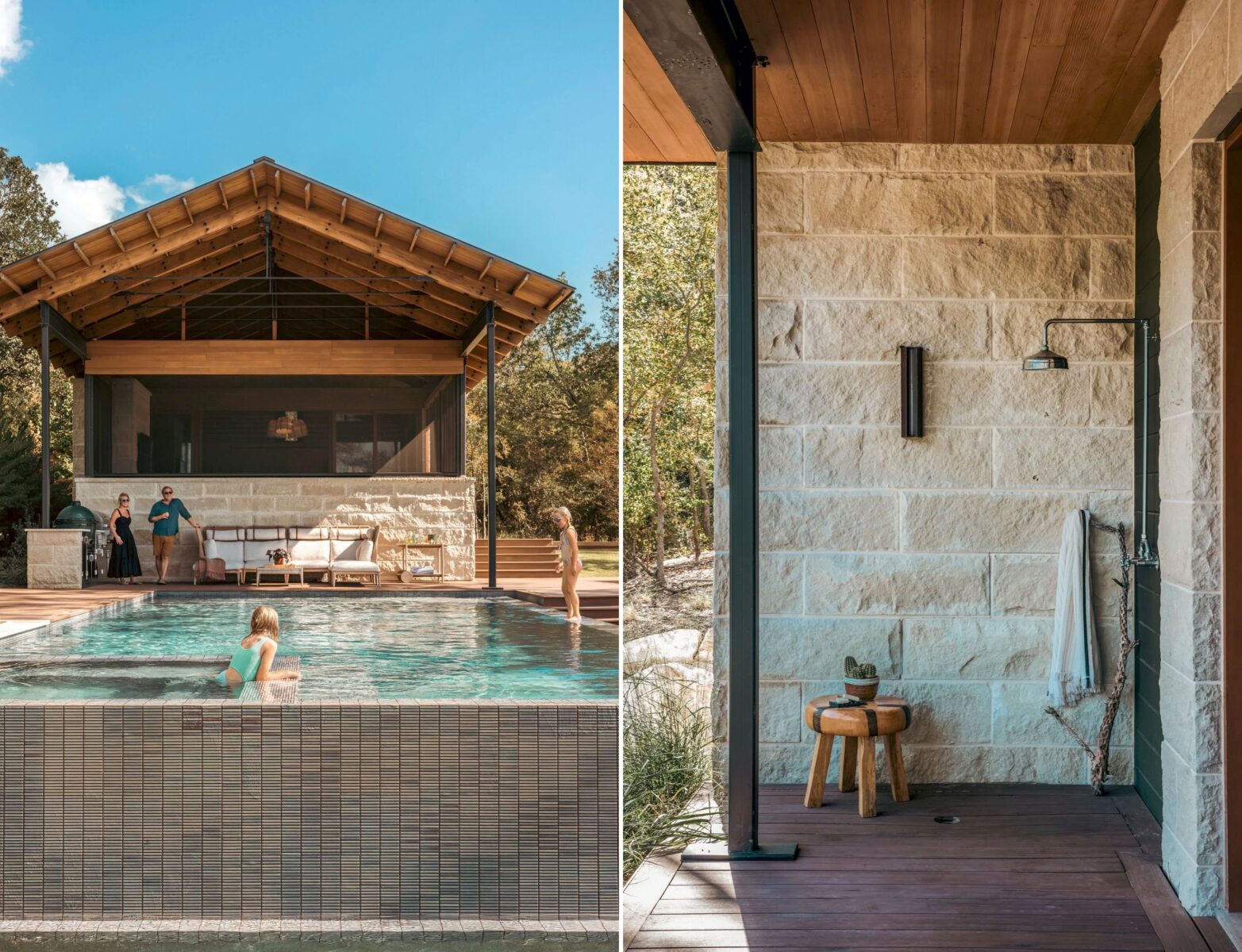 A screened-in porch on the pool house overlooks an infinity-edge pool; a stone outdoor shower