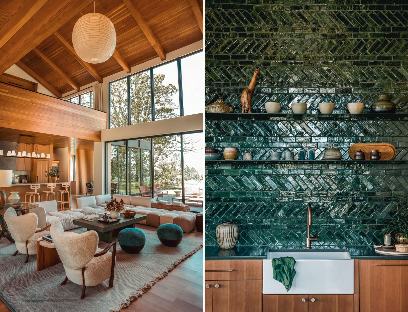 A living room with tall wood ceilings and large windows; a dark blue-green tile backsplash in a kitchen