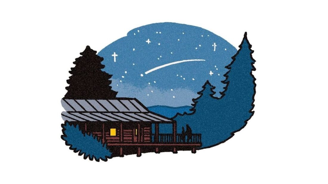 An illustration of a cabin at night