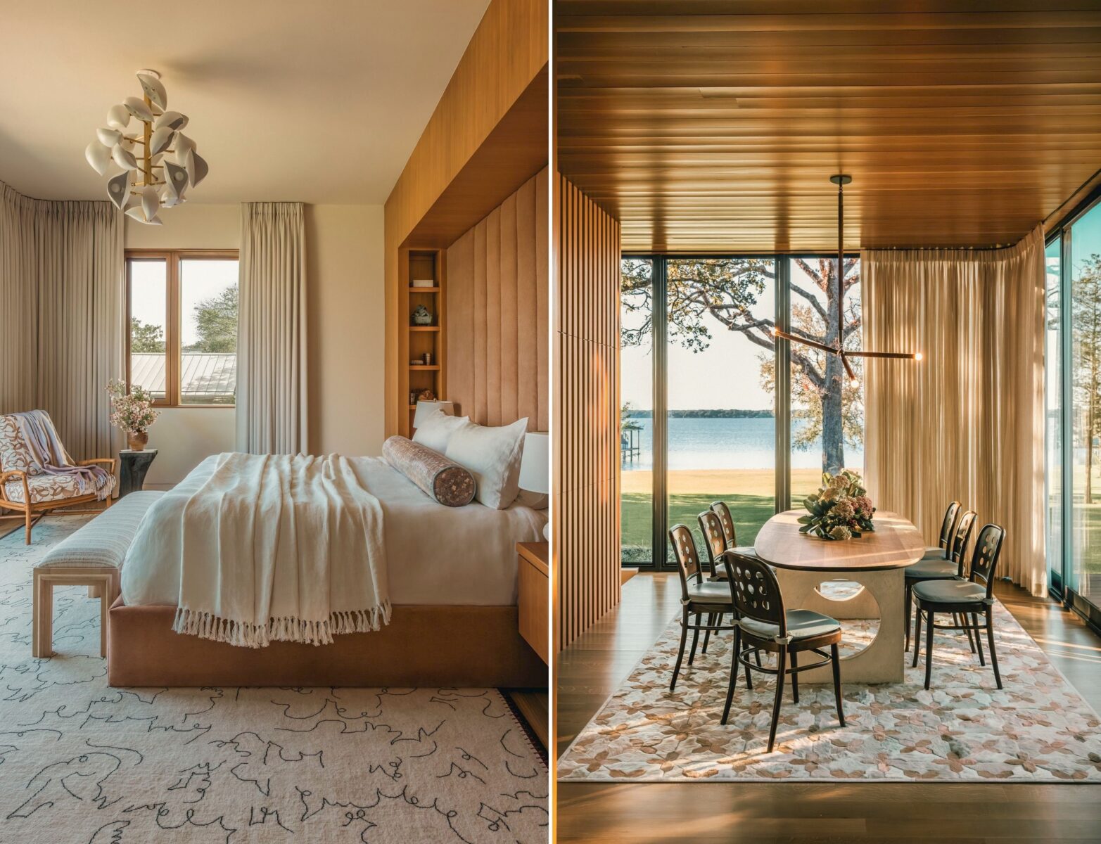 A bedroom with neutral tones; a dinign room with vintage chairs and a cow rug and view of a lake