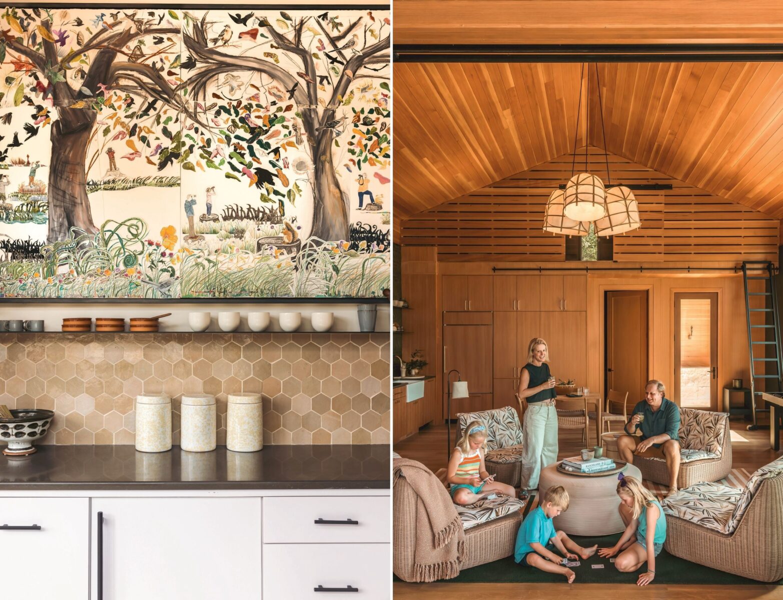A painting of people bird watching in a breezeway; an all wood room with people sitting on the floor