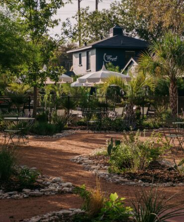 An open-air courtyard planted with native grasses, trees, and flowering sage