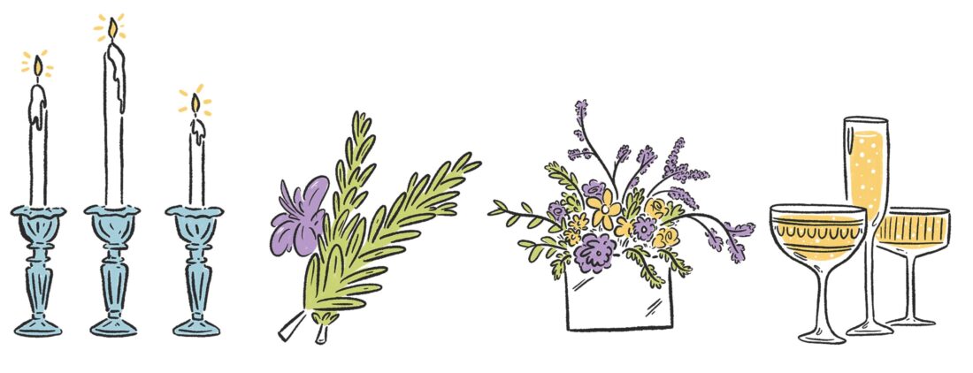 An illustration of taper candles, a bouquet, flowers in a vase, and champagne classes