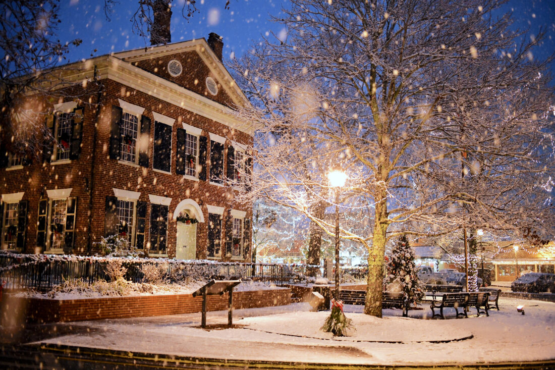 A historic courthouse in the snow