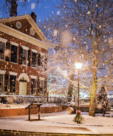 A historic courthouse in the snow