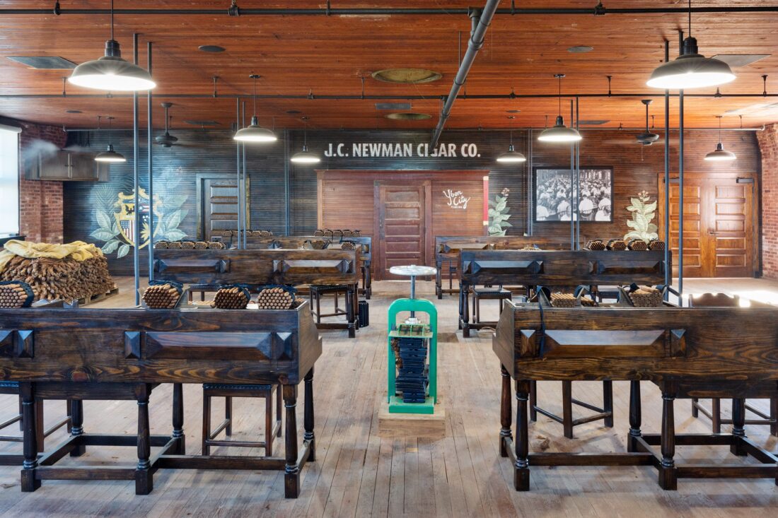 A cigar factory room with wood paneling