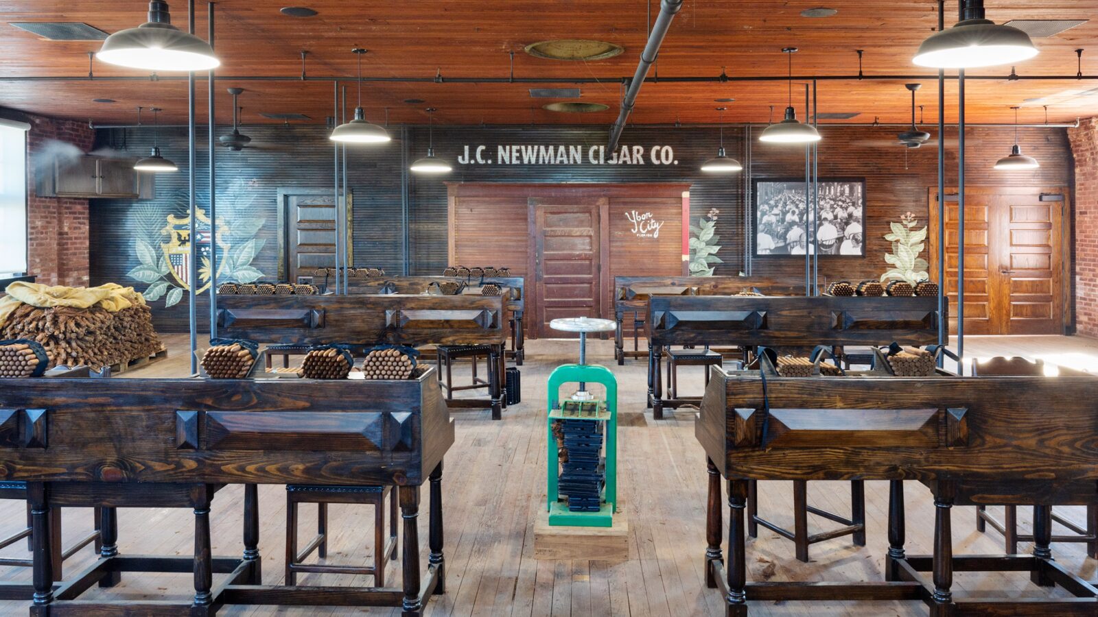 A cigar factory room with wood paneling