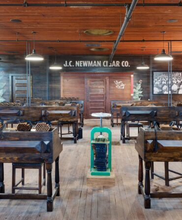 A cigar factory room with wood paneling