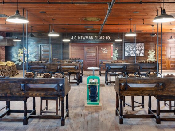A cigar factory room with wood paneling