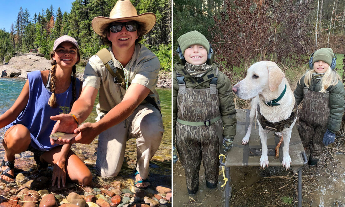 Two photos showing two sets of siblings in the outdoors