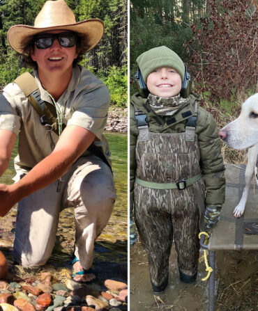 Two photos showing two sets of siblings in the outdoors