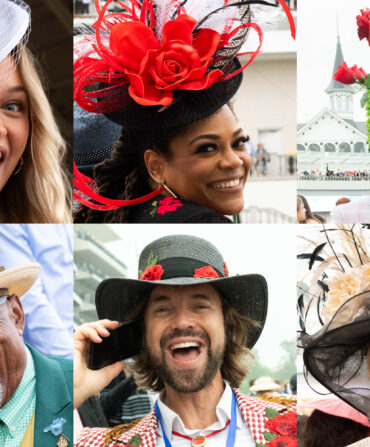 Six photos of people wearing hats at the Kentucky Derby