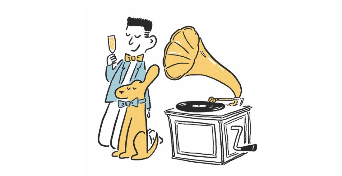 An illustration of a man and dog listening to a vinyl player