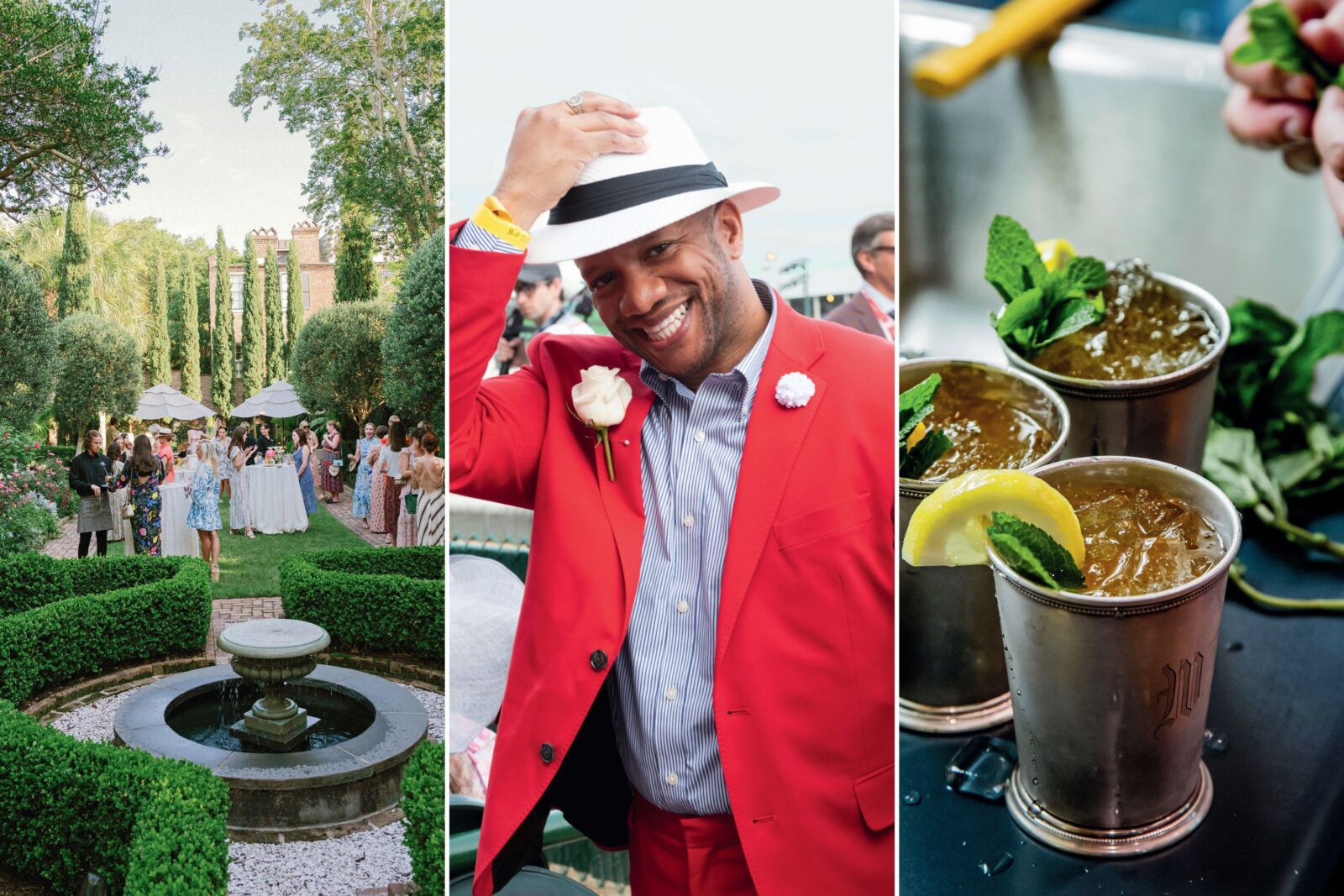 A collage of three images: a garden party; a man in a red suit with a hat; silver cups of mint juleps