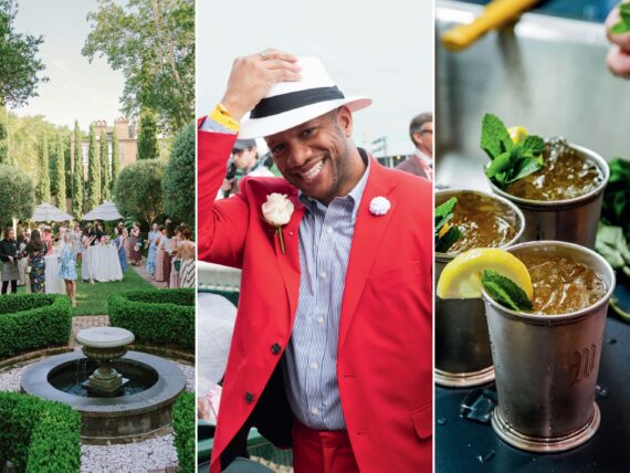 A collage of three images: a garden party; a man in a red suit with a hat; silver cups of mint juleps