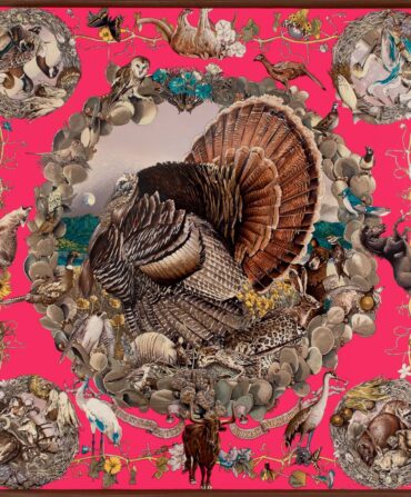 A pink scarf with the flora and fauna of Texas and a turkey in the center