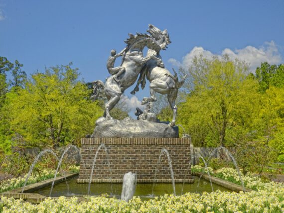 A sculpture of two horses fighting in a garden