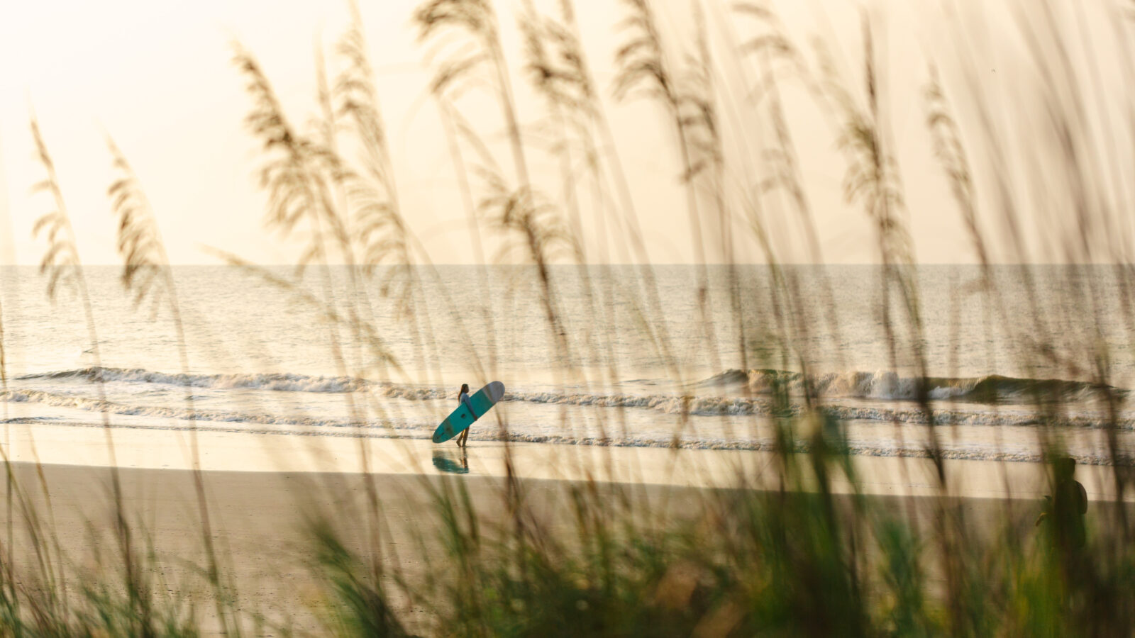 A surfer heads out to the water on a beach