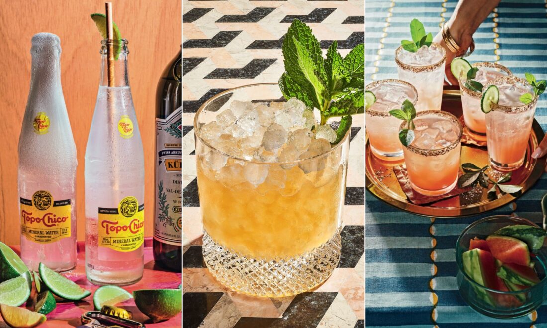 A collage of three different cold cocktail drinks