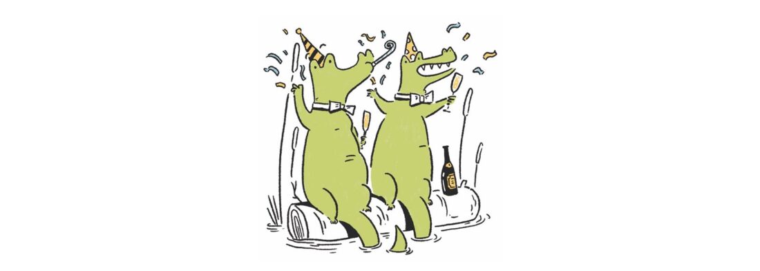 An illustration of gators with party hats and glasses of champagne