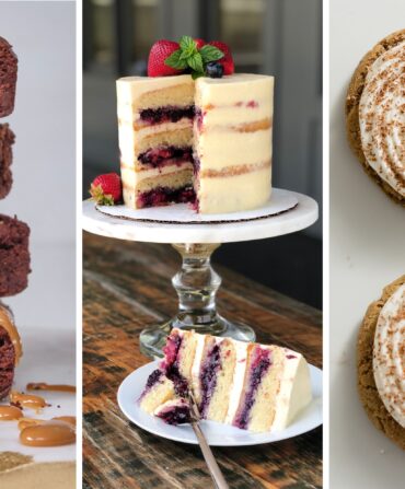 Three photos: a stack of brownies, a cake, two cookies