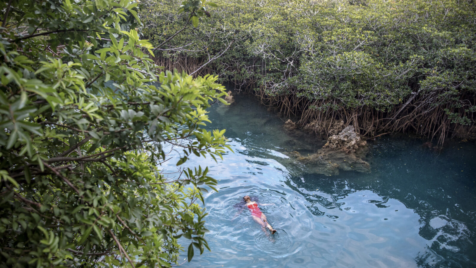 A woman swims in a blue natural pool