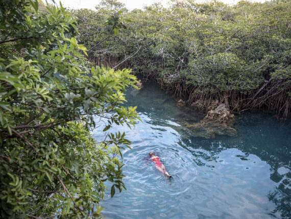 A woman swims in a blue natural pool