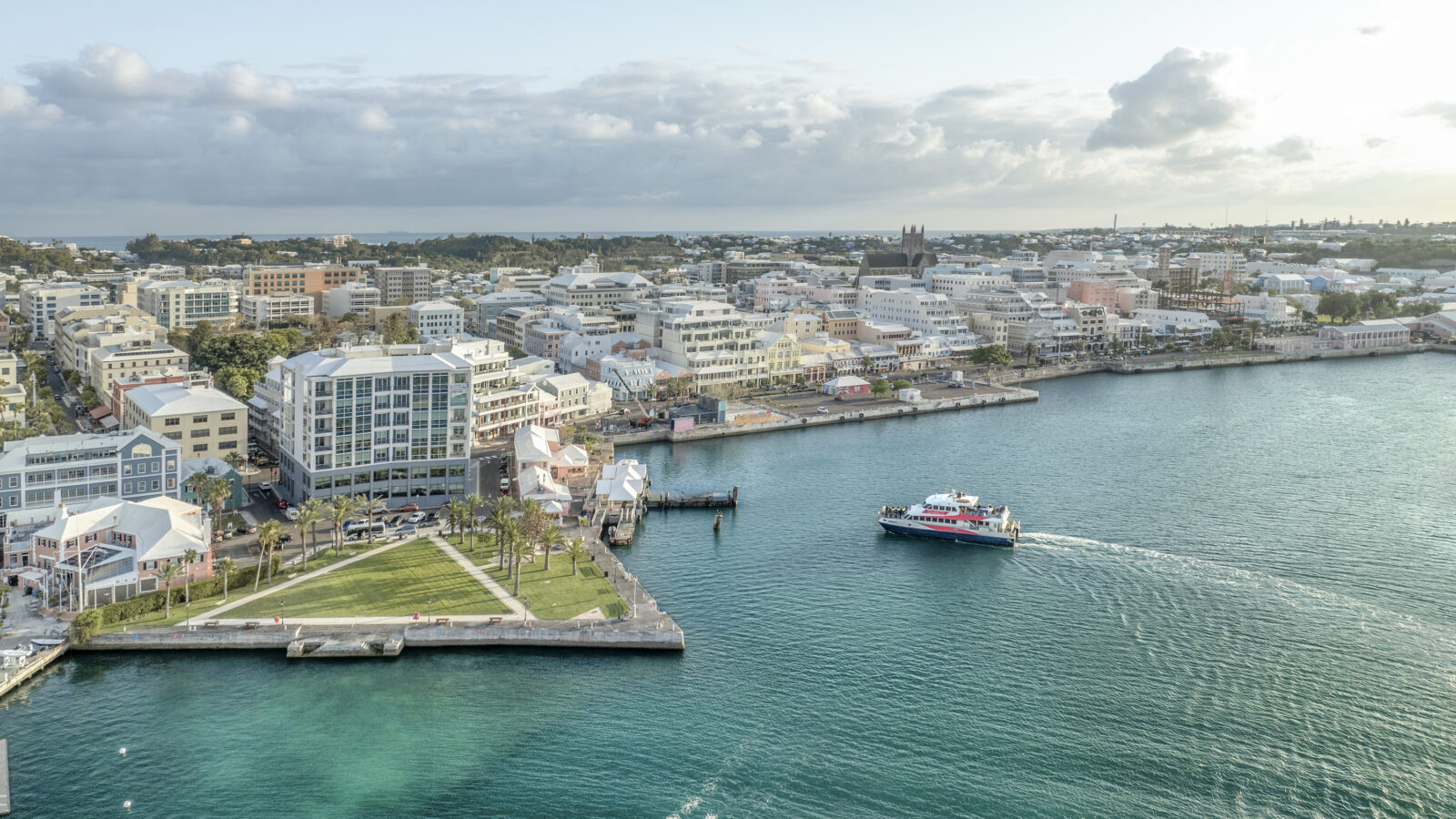 A cityscape along the water