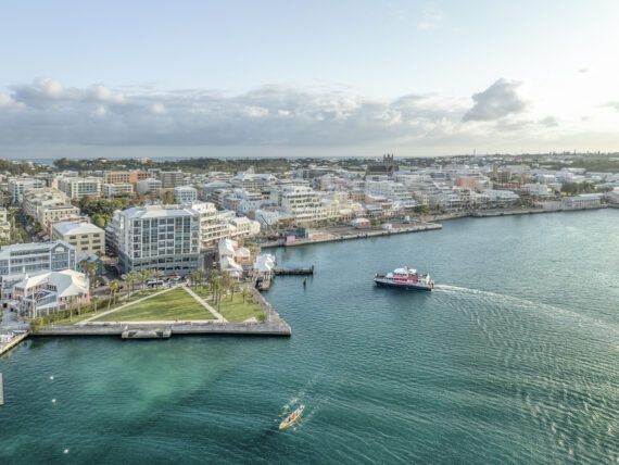 A cityscape along the water
