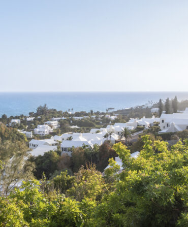 An ocean landscape with white houses