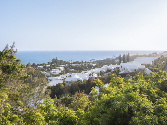 An ocean landscape with white houses