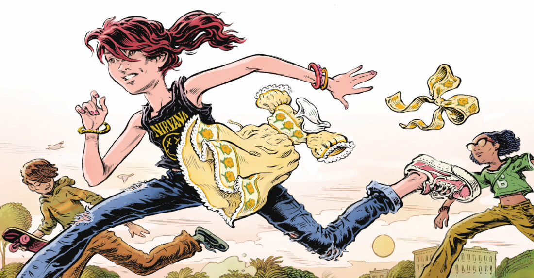 An illustration of a girl running through bows and a frilly dress