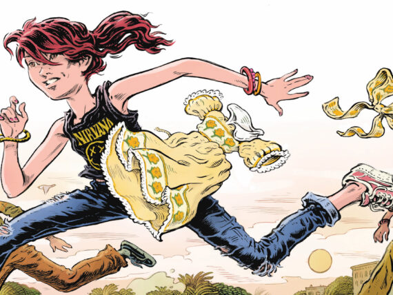 An illustration of a girl running through bows and a frilly dress