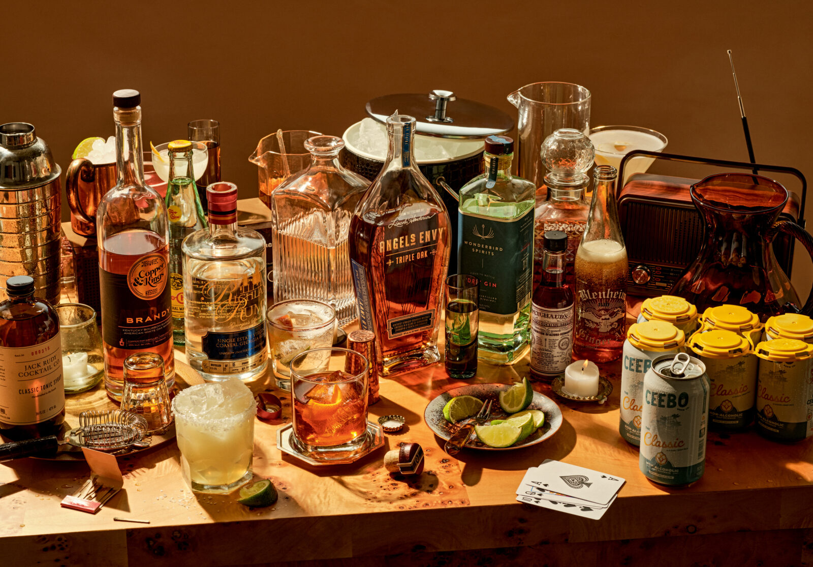 A spread of bar drinks and barware