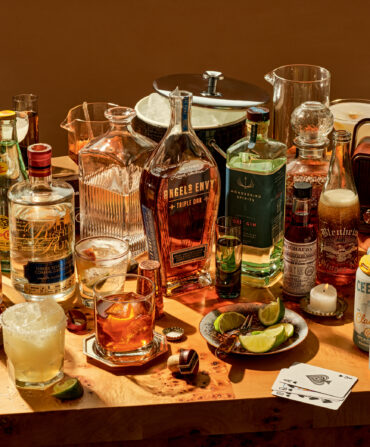 A spread of bar drinks and barware