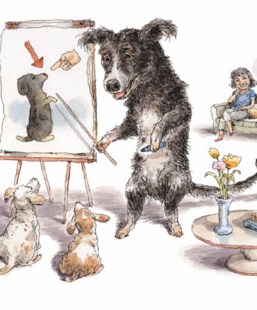 An illustration of an adult dog showing puppies a diagram of a dog snout