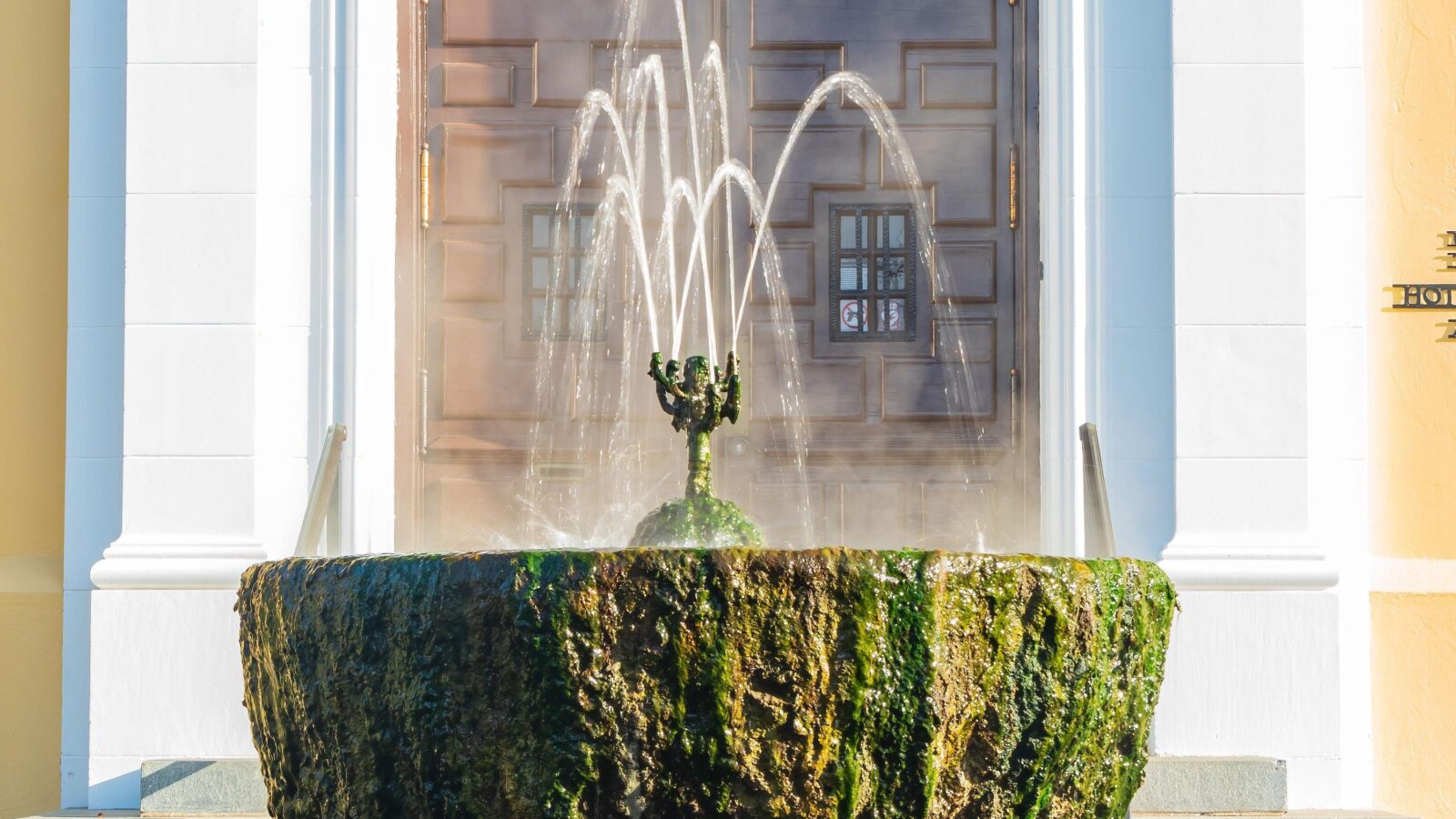A fountain spills water over a mossy fountain bowl