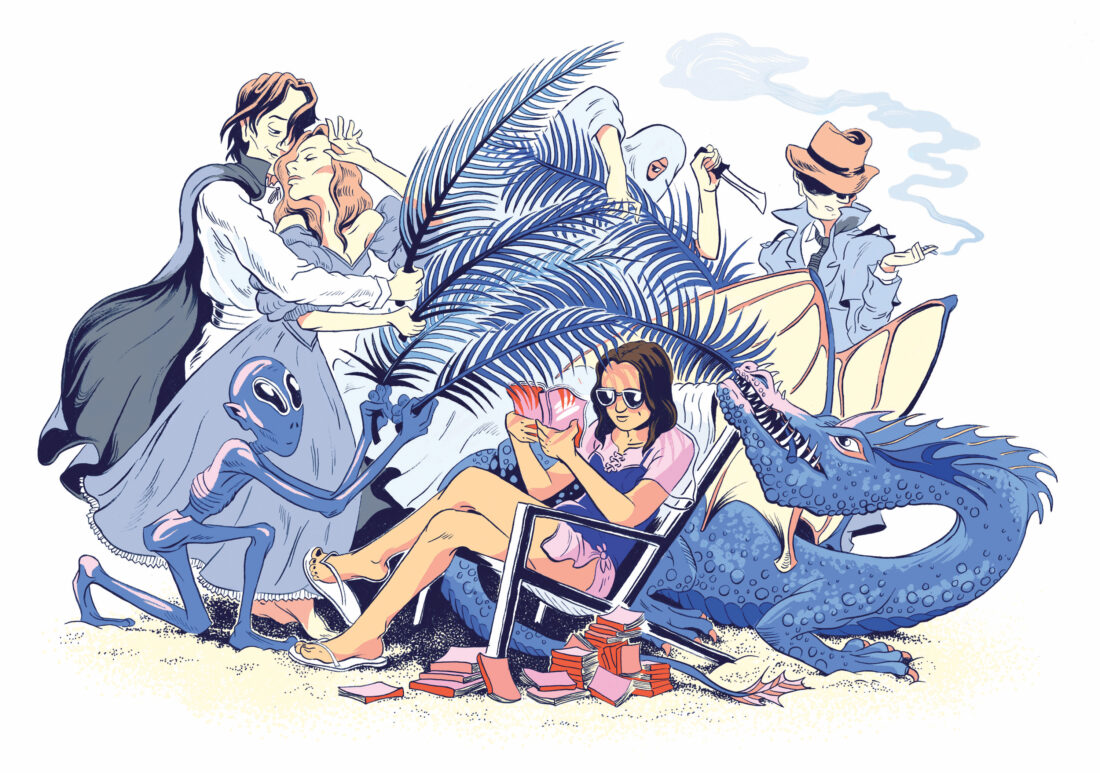 An illustration of a woman sitting at the beach with characters from her book around her, like a dragon, lovers, alien, and detective