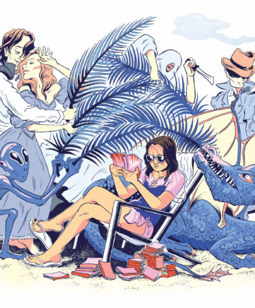 An illustration of a woman sitting at the beach with characters from her book around her, like a dragon, lovers, alien, and detective