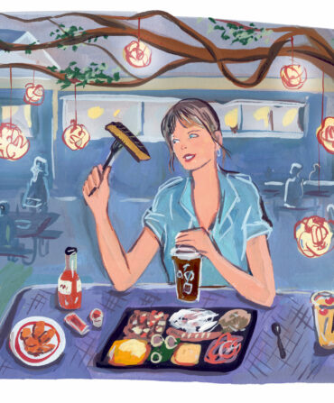 An illustration of a woman eating dinner