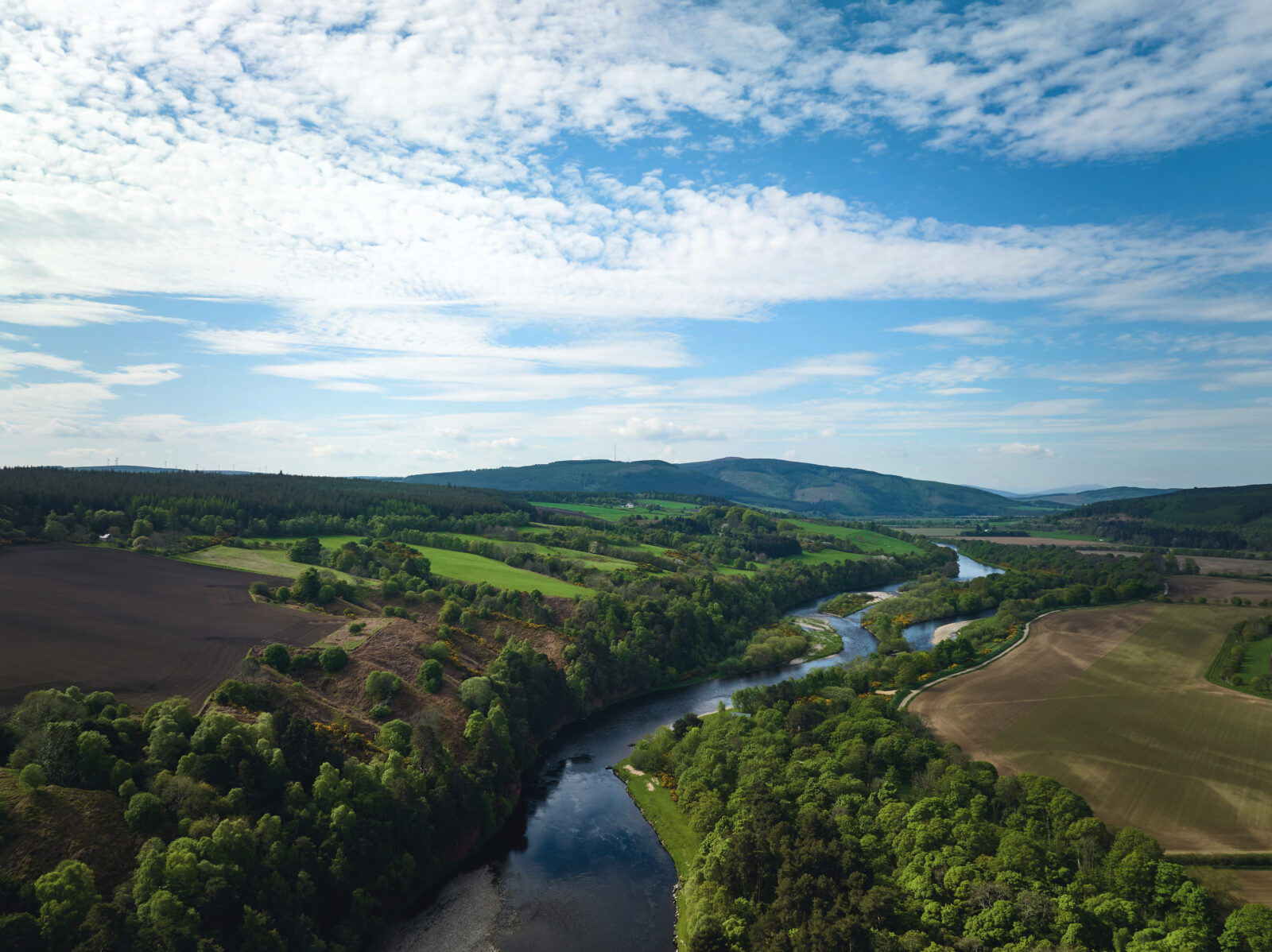 A river flows through a hilly, grassy landscape with mountains