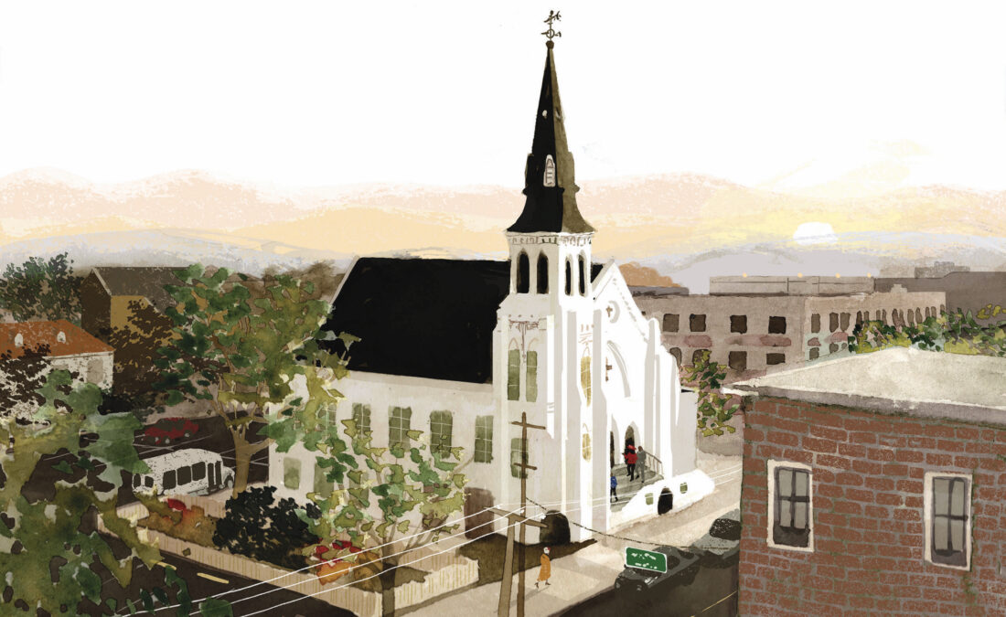 An illustration of a white church