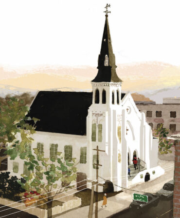 An illustration of a white church