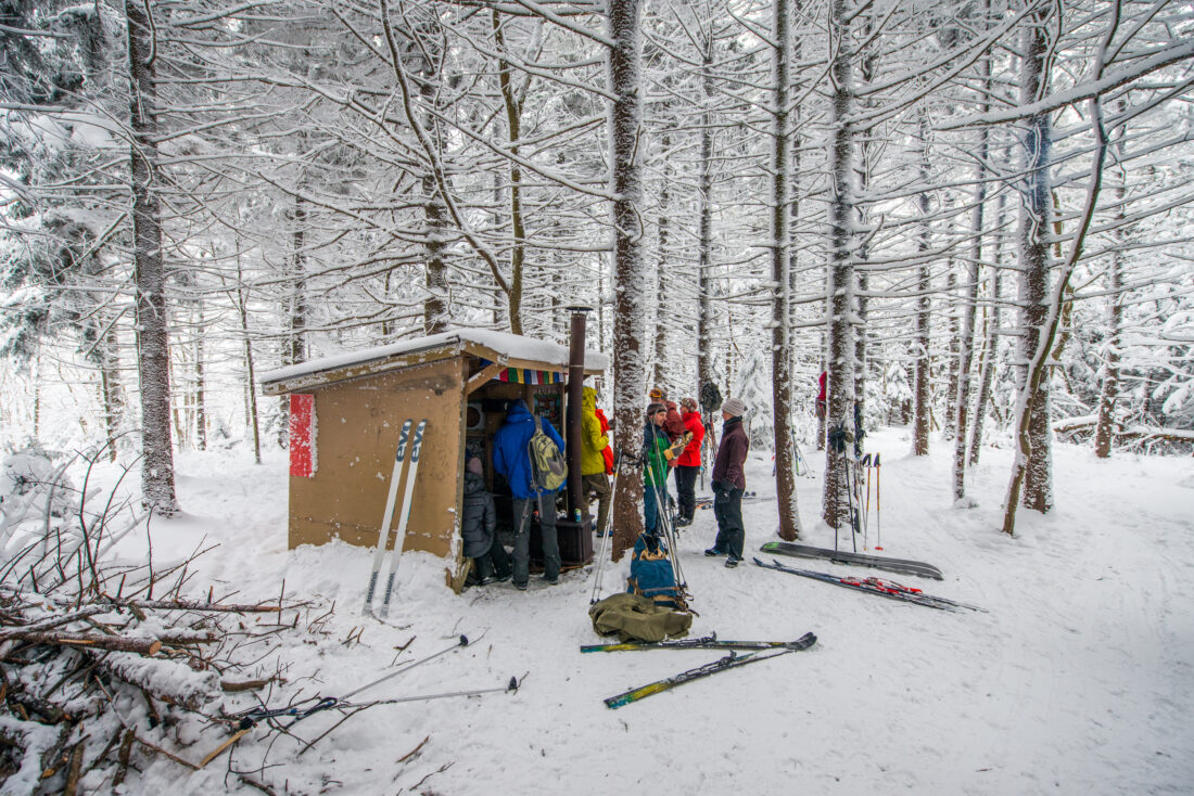 People in a snowy woodland gather under a warming shelter with their skis