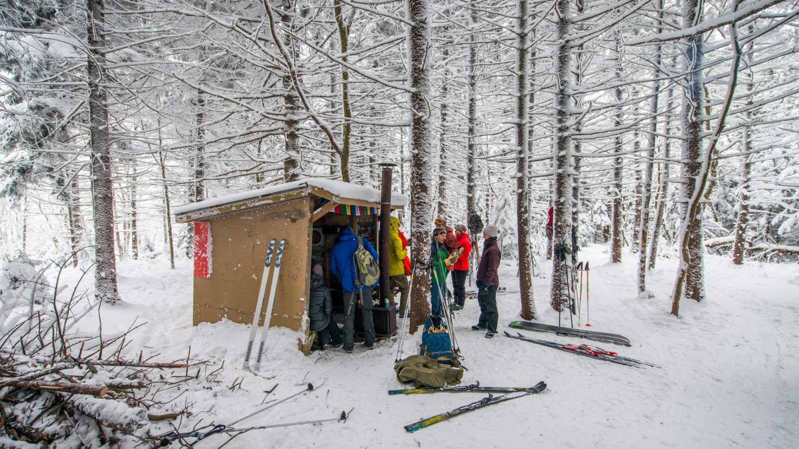 People in a snowy woodland gather under a warming shelter with their skis