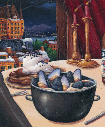An illustration of a man, in side profile, at a dinner table with a bowl of mussels, dessert, and wine
